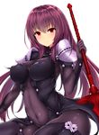  absurdres bodysuit breasts commentary_request covered_navel fate/grand_order fate_(series) gae_bolg highres holding holding_weapon large_breasts long_hair looking_at_viewer mitsukazu_(nijigen_complex) pauldrons polearm purple_bodysuit purple_hair red_eyes scathach_(fate)_(all) scathach_(fate/grand_order) simple_background solo spear weapon white_background 