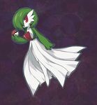  3_fingers abstract_background gardevoir green_hair green_skin hair holding_object horn nintendo outline pok&eacute;ball pok&eacute;mon purple_background red_eyes red_horn simple_background solo video_games zaikudo 