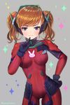  alternate_color alternate_eye_color alternate_hairstyle ass_visible_through_thighs bad_id bad_pixiv_id bangs black_gloves blue_eyes blush bodysuit boots breasts brown_hair closed_mouth commentary cosplay cowboy_shot d.va_(overwatch) eyebrows_visible_through_hair eyelashes facial_mark finger_to_mouth gloves grey_background hanato_(seonoaiko) hand_on_hip hand_up headphones index_finger_raised legs_apart long_hair long_sleeves looking_at_viewer medium_breasts neon_genesis_evangelion overwatch pauldrons pilot_suit purple_eyes red_bodysuit red_footwear ribbed_bodysuit shoulder_pads skin_tight smile solo souryuu_asuka_langley souryuu_asuka_langley_(cosplay) sparkle_background standing thigh_boots thighhighs turtleneck twintails twitter_username whisker_markings 