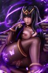  1girl areolae black_hair blue_dress bracelet breasts breasts_outside fire_emblem from_behind huge_ass long_hair looking_at_viewer medium_breasts nail_polish nipples parted_lips purple_eyes pussy pussy_juice sitting solo tharja torn_pantyhose uncensored wet 