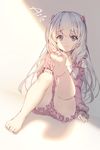  3: aile_(crossroads) artist_name bangs bare_legs barefoot blue_eyes blush closed_mouth eromanga_sensei eyebrows_visible_through_hair foreshortening frills grey_hair izumi_sagiri long_hair long_sleeves md5_mismatch pajamas revision signature sitting solo thighs wavy_mouth 