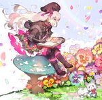  animal beret black_bow black_footwear black_hat black_neckwear black_skirt blue_flower book boots bow bowtie capelet fate/extra fate/grand_order fate_(series) flower food_print frilled_skirt frills fur_trim hat hat_bow long_hair multicolored_bow mushroom mushroom_print namie-kun nursery_rhyme_(fate/extra) open_mouth pansy petals pink_bow pink_flower purple_flower red_bow red_flower red_neckwear silver_hair sitting skirt smile striped striped_bow striped_neckwear yellow_flower 