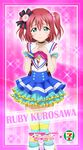  2016 7-eleven absurdres aozora_jumping_heart blue_skirt character_name choker collarbone copyright_name earrings flower frilled_skirt frills green_eyes hair_between_eyes hair_flower hair_ornament hair_ribbon hands_together highres jewelry kurosawa_ruby layered_skirt long_hair looking_at_viewer love_live! love_live!_sunshine!! miniskirt official_art pink_flower red_hair ribbon skirt solo standing striped striped_legwear striped_ribbon thighhighs two_side_up wrist_cuffs 