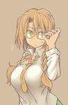  blonde_hair braid breasts brown_eyes glasses highres kaitou_reiko large_breasts light_brown_hair long_hair long_sleeves looking_at_viewer necktie original oteruko_(wanabeee) school_uniform shirt solo sweatdrop 