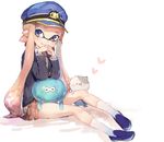  :p blazer blue_eyes brown_hair cat domino_mask hands_together hat highres inkling jacket jellyfish jellyfish_(splatoon) kneehighs kojajji-kun_(splatoon) legs long_hair mask pointy_ears school_uniform shirt shoes short_hair_with_long_locks sidelocks sitting skirt smile splatoon_(series) sprbouuz tentacle_hair tongue tongue_out white_legwear 