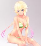  bad_id bad_pixiv_id bikini blonde_hair blue_eyes braid breasts cleavage front-tie_bikini front-tie_top gradient_hair long_hair medium_breasts multicolored_hair phantasy_star phantasy_star_online_2 phantasy_star_online_2_the_animation pink_hair pointy_ears side-tie_bikini sitting solo striped striped_bikini suzuki_aika swimsuit t-mei twin_braids very_long_hair 