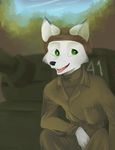  2017 anthro canine clothed clothing detailed_background digital_media_(artwork) forest fox fur green_eyes headphones headset looking_at_viewer male mammal military outside pencil_(disambiguation) red_star russian sitting smile solo soviet_union t-44(tank) tank tree uniform vehicle weapon white_fur wunderknodel 