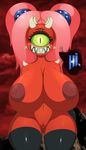  1_eye 2017 big_breasts breasts cacodemon demon digital_media_(artwork) ducktits female green_eyes hair hi_res huge_breasts humanoid looking_at_viewer nipples nude open_mouth pussy smile solo spikes teeth text thick_thighs video_games 