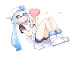  bike_shorts blue_eyes blue_hair boots cosplay domino_mask dress hat heart highres ikamusume ikamusume_(cosplay) inkling long_hair mask pointy_ears shinryaku!_ikamusume short_hair_with_long_locks shorts shorts_under_dress sidelocks solo splatoon_(series) sprbouuz tentacle_hair white_dress 