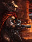  2017 action_pose anthro black_nose brown_fur canine cigar clothed clothing cowboy_hat coyote cybernetics cyborg fur gloves gun handgun hat holster inner_ear_fluff kenket long_mouth machine male mammal mcree notched_ear overwatch poncho ranged_weapon revolver shirt side_view smoking solo video_games weapon whiskers white_fur 