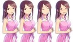  bare_arms bare_shoulders blush breasts brown_eyes brown_hair closed_eyes dress embarrassed holding_hands idolmaster idolmaster_cinderella_girls long_hair looking_at_viewer medium_breasts mifune_miyu mo_p multiple_persona simple_background sleeveless sleeveless_dress smile upper_body white_background 