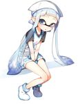  between_legs blue_eyes blue_hair boots cosplay domino_mask dress hand_between_legs hat highres ikamusume ikamusume_(cosplay) inkling long_hair mask pointy_ears shinryaku!_ikamusume short_hair_with_long_locks sidelocks sitting solo splatoon_(series) sprbouuz tentacle_hair v_arms white_dress 