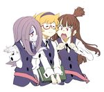  :o angry blonde_hair book brown_hair closed_eyes freckles girl_sandwich glasses hairband highres holding holding_book kagari_atsuko little_witch_academia long_hair lotte_jansson luna_nova_school_uniform momo_(higanbana_and_girl) multiple_girls open_mouth pale_skin pink_hair ponytail red_eyes sandwiched shirt short_hair shrug simple_background sucy_manbavaran upper_body v-shaped_eyebrows vest white_background 