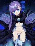  blue_eyes blue_ribbon crotch_plate eyebrows_visible_through_hair fate/extra fate/extra_ccc fate_(series) greaves hair_ribbon head_tilt kawakami_rokkaku long_hair looking_at_viewer meltlilith navel protected_link purple_hair revealing_clothes ribbon sitting smile solo stomach very_long_hair 