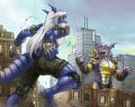  4_fingers anthro armor city clothed clothing day detailed_background digitigrade dragon duo link2004 macro male open_mouth outside sky smile standing teeth tongue topless yellow_eyes 