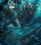  2017 angiewolf anthro bare_back black_fur black_nose blue_eyes brown_hair butt canine day detailed_background duo fur grey_fur hair male mammal nude outside sitting standing water wolf 
