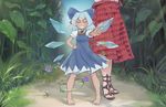  barefoot blue_dress blue_hair bow cirno closed_eyes commentary day dress eyebrows eyebrows_visible_through_hair facing_viewer field flower flower_field grin hair_bow hand_on_hip height_difference hidden_star_in_four_seasons high_heels highres ice ice_wings kazami_yuuka multiple_girls no_socks out_of_frame outdoors outstretched_arm plaid plaid_skirt plaid_vest plant puchikya puffy_short_sleeves puffy_sleeves sandals short_hair short_sleeves skirt sky smile solo_focus standing sunflower tan tanned_cirno toenail_polish toes touhou v vest vines wings 