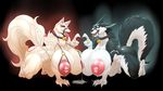  2017 amaterasu anthro areola ber00_(artist) big_breasts breasts canine collar compression_artifacts crossgender crossover deity duo erect_nipples female huge_breasts lactating link_(wolf_form) looking_at_viewer mammal milk nintendo nipples nude the_legend_of_zelda tongue tongue_out video_games wolf ōkami 
