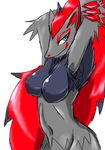  anthro armpits black_fur blue_eyes breasts canine claws digital_media_(artwork) female fox fur grey_fur hair kemono long_hair looking_away looking_up mammal midriff mouth_closed navel nintendo pok&eacute;mon portrait raised_arm red_claws red_fur red_hair simple_background smile solo standing tarian three-quarter_portrait video_games white_background zoroark 
