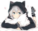  animal_hood bangs bed_sheet black_legwear blush cat_hood closed_mouth eyebrows_visible_through_hair frilled_pillow frills grey_eyes grey_hair hair_between_eyes heart hood hood_up hoodie looking_at_viewer lying on_stomach original pillow pillow_hug shiina_kuro silver_eyes silver_hair simple_background sleeves_past_wrists smile socks solo striped striped_legwear white_background white_legwear 