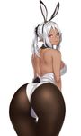  animal_ears ass bare_back bare_shoulders breasts brown_legwear bunny_ears bunny_tail bunnysuit dark_elf dark_skin detached_collar elf fake_animal_ears fake_tail from_behind hairband houtengeki large_breasts leaning_forward long_hair looking_at_viewer looking_back original pantyhose pointy_ears ponytail purple_eyes shoulder_blades sideboob simple_background smile solo tail thigh_gap white_background white_hair 