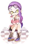  :p bike_shorts boots domino_mask eyewear_on_head glasses highres inkling long_hair mask pointy_ears shirt shorts sitting smile solo splatoon_(series) splatoon_2 sprbouuz striped striped_shirt tentacle_hair tongue tongue_out yellow_eyes 