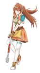  absurdres aster_crowley eiyuu_densetsu estelle_bright full_body gloves highres jacket orange_hair red_eyes skirt solo sora_no_kiseki staff standing thighhighs transparent_background twintails 