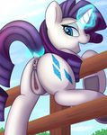  2017 anus atmosseven bedroom_eyes butt clitoral_winking clitoris cutie_mark equine female fence feral friendship_is_magic hair half-closed_eyes horn looking_at_viewer looking_back magic mammal my_little_pony outside presenting pussy rarity_(mlp) seductive sky solo unicorn unicorn_horn 