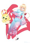  blonde_hair blue_eyes cherry_blossom_print dutch_angle floral_print full_body geta gradient_clothes hair_between_eyes highres japanese_clothes kimono long_hair looking_at_viewer low_twintails obi one_eye_closed open_mouth phantasy_star phantasy_star_online_2 phantasy_star_online_2_the_animation rappy sash sola_cop suzuki_aika tabi twintails very_long_hair wide_sleeves yukata 