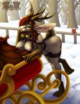  2017 anthro bell big_breasts blush breasts brown_fur chest_tuft christmas clover collar cute digital_media_(artwork) female forest fur green_eyes hair harness holidays horn jackalope jackelope lagomorph looking_at_viewer mammal nipples nude outside rabbit red_hair sled sleigh smile snow solo temrin tree tuft winter 