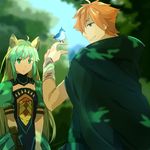  1girl ahoge animal_ears atalanta_(fate) bird bird_on_hand blonde_hair cape commentary cowboy_shot dappled_sunlight day dress fate/apocrypha fate_(series) forest green_dress green_eyes green_hair grin hsin long_hair looking_at_another multicolored_hair nature orange_hair parted_lips puffy_short_sleeves puffy_sleeves robin_hood_(fate) short_hair short_sleeves smile sunlight two-tone_hair 