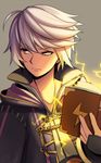  book cape electricity fire_emblem fire_emblem:_kakusei hood male_focus male_my_unit_(fire_emblem:_kakusei) my_unit_(fire_emblem:_kakusei) simple_background solo white_hair wusagi2 