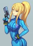  ass bangs blonde_hair blue_bodysuit blue_eyes bodysuit bracelet breasts cowboy_shot emblem eyebrows_visible_through_hair from_side gloves grey_background gun hair_between_eyes hair_tie hand_on_hip hand_up handgun high_ponytail holding holding_gun holding_weapon jewelry light_smile lips long_hair looking_at_viewer looking_back medium_breasts metroid mole mole_under_mouth paralyzer parted_lips ponytail samus_aran shiny shiny_clothes sidelocks simple_background skin_tight super_smash_bros. swept_bangs trigger_discipline turtleneck twisted_torso weapon wusagi2 zero_suit 