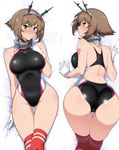  ass bed_sheet blush breasts brown_hair competition_swimsuit curvy dakimakura gloves green_eyes harukon_(halcon) highres kantai_collection kneehighs lying mutsu_(kantai_collection) on_back on_stomach one-piece_swimsuit sheet_grab short_hair smile solo swimsuit third-party_edit top-down_bottom-up 
