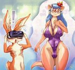  ! :3 anthro big_breasts blood blue_hair blush breasts camel_toe clothing eyewear female flower flower_in_hair fur hair lagomorph male mammal melonleaf mustelid nosebleed open_mouth orange_fur otter plant rabbit sunglasses swimsuit vr_headset 