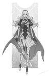  amatari_sukuzakki armor barefoot cape female_my_unit_(fire_emblem_if) fire_emblem fire_emblem_heroes fire_emblem_if full_body greyscale hairband highres long_hair looking_at_viewer monochrome my_unit_(fire_emblem_if) pointy_ears solo sword weapon 