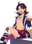  ahoge black_coat black_hair coat earrings edward_teach_(fate/grand_order) fate/grand_order fate_(series) jewelry long_coat looking_at_viewer male_focus necklace open_mouth pirate_costume shirtless shorts simple_background sitting smile solo tia_(cocorosso) white_background younger 