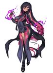 :d bare_shoulders black_bodysuit black_hair bodysuit boots breasts collarbone commentary_request contrapposto dark_skin fire full_body gen_7_pokemon hair_over_one_eye highres katagiri_hachigou legs long_hair looking_at_viewer medium_breasts multicolored_hair open_mouth personification pink_hair pokemon purple_eyes purple_fire salazzle simple_background skin_tight smile solo standing straight_hair tassel thigh_boots thighhighs tsurime two-tone_hair very_long_hair walking white_background 