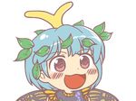  :3 antennae bangs blue_hair blush_stickers butterfly_wings chibi dot_nose eternity_larva eyebrows_visible_through_hair flat_color gyate_gyate hair_ornament ikiyouz leaf leaf_hair_ornament leaf_on_head looking_at_viewer meme open_mouth pink_eyes short_hair smile solo swept_bangs tareme touhou transparent_background upper_body wings yellow_wings 