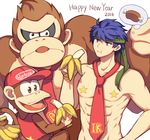  animal banana blue_hair diddy_kong donkey_kong donkey_kong_(series) fire_emblem fire_emblem:_akatsuki_no_megami fire_emblem:_souen_no_kiseki food fruit hat ike looking_at_viewer male_focus necktie nude short_hair super_smash_bros. translation_request white_background wusagi2 