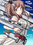  alternate_weapon artist_name belt blue_eyes breast_pocket breasts brown_hair cannon character_name dated gradient gradient_background hair_between_eyes kantai_collection large_breasts long_hair machinery neckerchief pocket ponytail red_neckwear rigging saratoga_(kantai_collection) side_ponytail solo tatsumi_ray turret upper_body weapon 