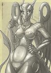  aerica android breasts cell dragon dragonness dragonnetstorm ear_piercing female greyscale hands_in_side horn jewelry looking_away machine mecha monochrome necklace nude piercing pussy robot shaded simple_background single soft solo spikes textured_background unfinished wide_hips wings 