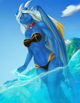  anthro bikini clothed clothing collar dragon elvofirida female hair horn outside solo standing swimsuit wings 