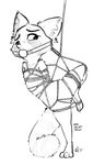  2017 alec8ter anthro arms_tied ball_gag black_and_white blush bound disney english_text fan_character female fully_bound gag gagged hands_behind_back inner_ear_fluff legs_tied mammal monochrome nude one_eye_closed pussy raised_leg red_panda rope rope_bondage rope_harness signature simple_background solo text white_background zootopia 