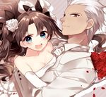  archer bare_shoulders black_hair blue_eyes breasts bride dark_skin dark_skinned_male dress fate/stay_night fate_(series) flower gloves long_hair medium_breasts rose sakura_yuki_(clochette) toosaka_rin two_side_up wedding wedding_dress white_dress white_flower white_hair white_rose 