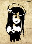  1girl alice_(bendy_and_the_ink_machine) bare_shoulders bendy_and_the_ink_machine black_hair black_lipstick bow breasts dress horns ink lipstick long_hair mole 