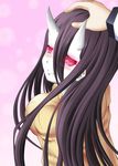  absurdres battleship_hime black_hair blush commentary_request glowing glowing_eyes hair_between_eyes highres horns kantai_collection lilybell long_hair looking_back oni_horns pale_skin petting pink_background red_eyes shinkaisei-kan smile sweater 