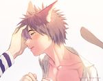  2017 absurdres accelerator animal_ears artist_name bad_id bad_pixiv_id bloom cat_day cat_ears character_name clenched_hands collarbone grey_eyes highres kamijou_touma kemonomimi_mode light long_sleeves male_focus open_clothes open_shirt pale_skin parted_lips pectorals petting shirt smile solo_focus spiked_hair striped striped_shirt to_aru_majutsu_no_index untit upper_body yaoi 