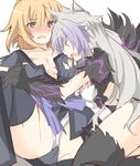  agrius_metamorphosis atalanta_(alter)_(fate) atalanta_(fate) bare_shoulders blonde_hair blood blue_eyes blush braid breasts dress fate/apocrypha fate_(series) green_eyes grey_hair highres jeanne_d'arc_(fate) jeanne_d'arc_(fate)_(all) long_hair medium_breasts midriff minami_(kiminitokimeki) multiple_girls open_mouth panties scar short_hair thighhighs underwear yuri 