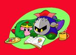  ambiguous_gender armor asmallone bandana_waddle_dee bedding beverage blanket blue_body blue_eyes book cape christmas christmas_tree clothing cookie duo food green_background helmet holidays hot_chocolate king_dedede kirby kirby_(series) mask meta_knight mitens nintendo not_furry pauldron pink_body red_background rosy_cheeks simple_background star tree video_games waddling_head yellow_eyes 